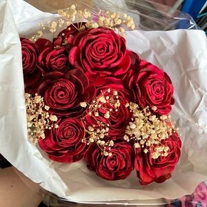 Wooden Red Rose Bouquet with Baby's Breath